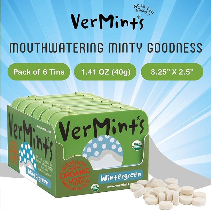 VerMints Organic Breath Mints Wintergreen - Real Long-Lasting Refreshment, Travel Size Tin - Non-GMO, Vegan, Nut Free, Gluten Free & Kosher Organic Candy Mints- 1.41oz Tins (Pack of 6)