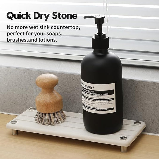 2 Pack Fast Drying Water Absorbing Diatomite Stone Mat Tray for Kitchen & Bathroom Counter - Instant Dry Sink Caddy Organizer - Vanity Holder for Soap and Sponge – Beige Gray 10" x 4"