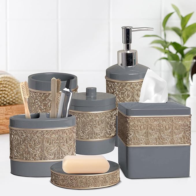 6-Piece Bathroom Accessories Set – Soap Dispenser, Toothbrush Holder, Tumbler, Soap Dish, Cotton Swab Jar & Toilet Brush – Modern Bathroom Decor Set (Gold Grey)