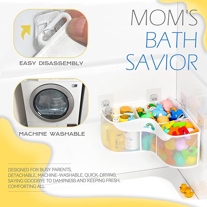 3-Compartment Corner Bath Toy Storage Organizer for Tub - Wide-Opening Mesh Kids Bath Toy Holder with Easy Sorting & Storage, Quick-Drying Machine-Washable Bathroom Organizer for Tidy Bathtub
