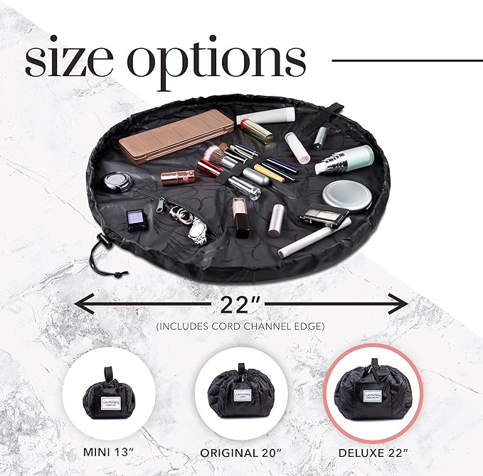 Lay-n-Go Cosmo Layflat Drawstring Cosmetic & Makeup Bag Organizer - Portable Drawstring Bag w/Zipper Pocket, Makeup Loops & More - Durable, Machine Washable Toiletry Bag for Travel (22", Blue Paisley)