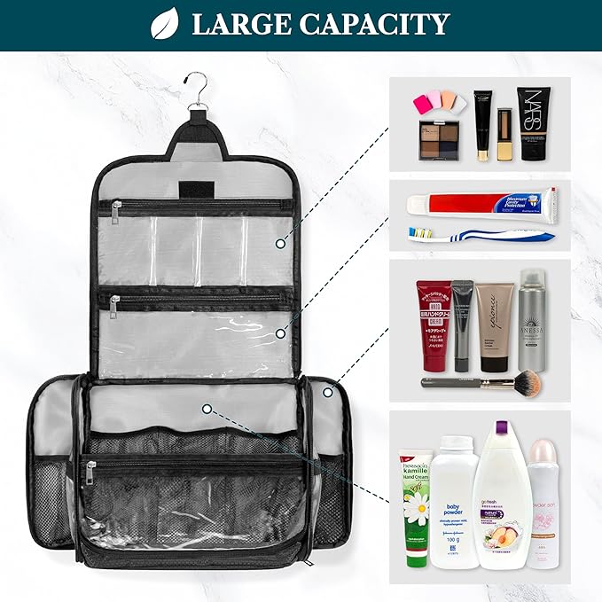 PAVILIA Large Hanging Toiletry Bag Travel Bag Women Men, Cosmetic Organizer, Water Resistant Makeup Bag Accessories Toiletries, Travel Essentials Kit, Black