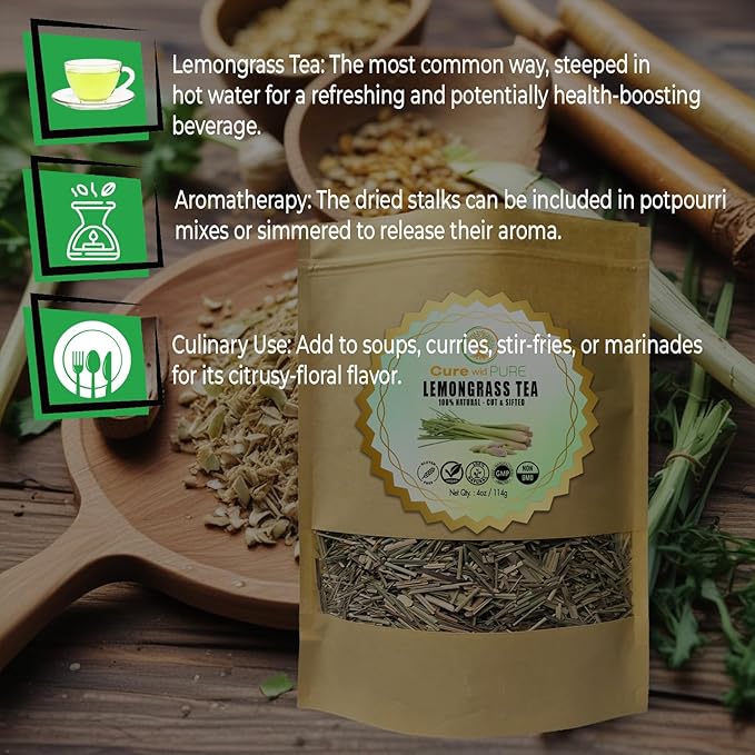 Cure wid Pure Organic Dried Lemongrass - Cut & Sifted 4oz in a Resealable Bag - Non-GMO Lemon Grass for Tea, Cooking, Thai Cuisine, Herbal Teas for Digestive Comfort, Citrus Aroma & Daily Use