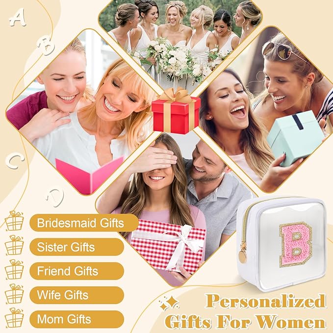 Personalized Initial Letter Clear Preppy Makeup Bag,Mini Nylon Chenille Letter Cosmetic Bag Cute Zipper Pouch Purse for Teen Girls,Portable TSA Approved Beach Travel Essentials Bag Gift for Women,B