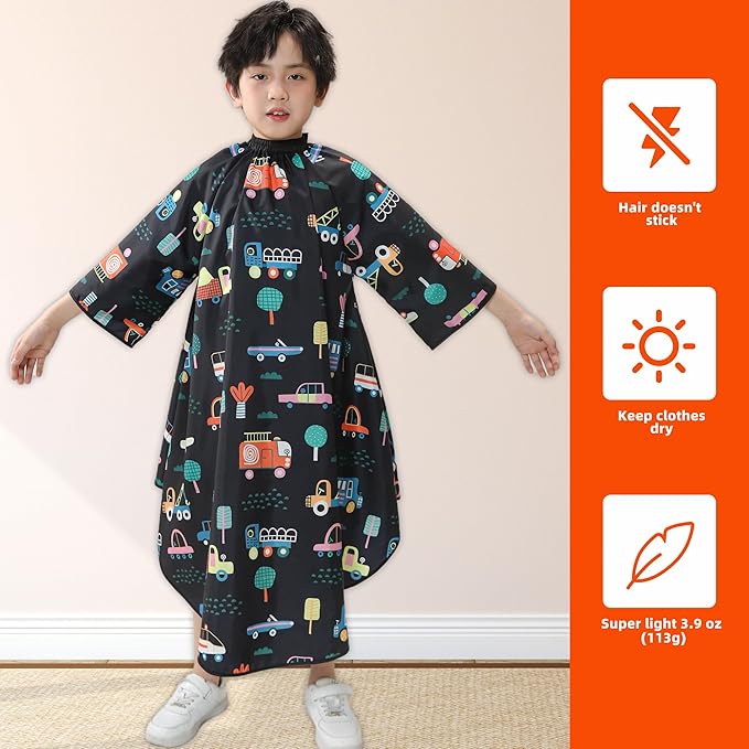 PERFEHAIR Kids Haircut Cape with Sleeves - Cute Cars Printing, Adjustable Neck Collar, Comfortable Barber Cape for Boys & Girls, Ideal for Home or Salon Use, Professional Hair Cutting Apron