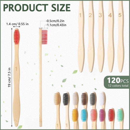 Sieral 120 Pcs 120 Pcs Bamboo Toothbrushes Bulk Soft Bristle Individually Wrapped Travel Toothbrush Eco Friendly Natural Wooden Tooth Brush for Kid Adult Home Travel Use, 7.5 Inch, 12 Colors (Number)