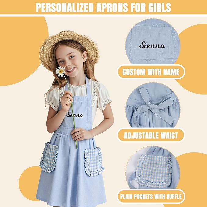 MT WORLD Girls Apron Personalized Linen Kids Aprons for Cooking Toddler Girls Cross Back Apron Pinafore for Baking Crafting