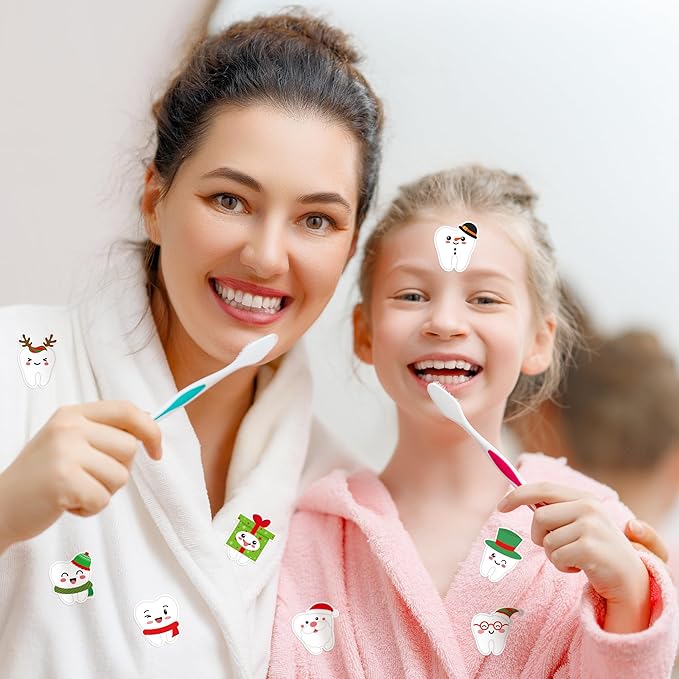 CJiangpo 1000Pcs Christmas Tooth Stickers - 2 Rolls Cute Xmas Dental Teeth Fairy Sticker Decals for Laptop Water Bottle Scrapbook DIY Crafts, Christmas Party Decoration Gift for Kids Dentist Schools