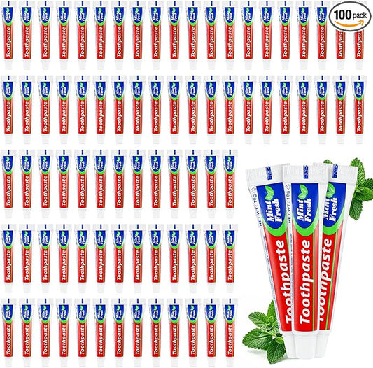 100 Tubes Bulk Travel Size Mini Toothpaste, 0.35 oz Disposable Mint Flavor Pocket Teeth Paste Small Essential Toothpaste for Travel, Home/Hotel/Guests/Charity/Homeless/Camping Oral Care (Single Use)