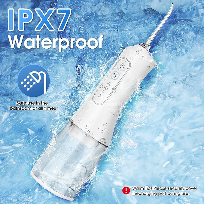 Water Flosser, Rechargeable 300ML IPX7 Waterproof Cordless Portable Oral Irrigator with 4 Modes & 6 Replaceable Jet Tips-Professional Flossing Cleaner for Daily Home Use,Travel,Gums,Braces Care(White)