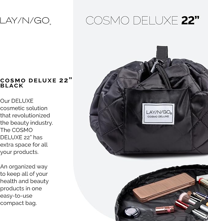 Lay-n-Go Cosmo Layflat Cosmetic & Makeup Bag Organizer - Portable Drawstring Bag w/Zipper Pocket, Brush Storage Loops & More - Durable, Machine Washable Toiletry Bag for Travel (22", Black)