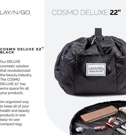 Lay-n-Go Cosmo Layflat Cosmetic & Makeup Bag Organizer - Portable Drawstring Bag w/Zipper Pocket, Brush Storage Loops & More - Durable, Machine Washable Toiletry Bag for Travel (22", Black)