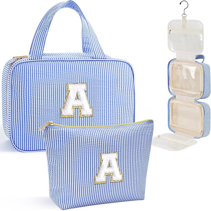 YOOLIFE Christmas Gifts for Women Teenage Girls Stocking Stuffers, Initial Hanging Toiletry Bag for Women Teen Girl, Travel Toiletry Bag Gifts for Mom Daughter Sister Friends, Letter A, Blue