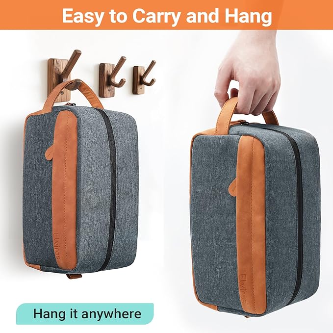 Elviros Travel Toiletry Bag for Men Hanging Dopp Kit Water Repellent PU Leather Shaving Bag with Large Capacity for Travel and Bathroom, Navy Blue