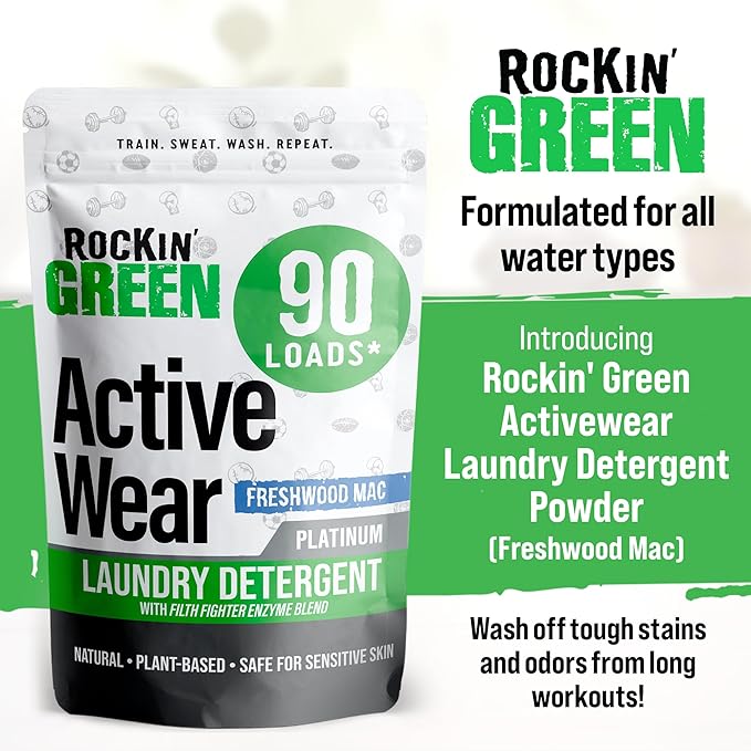 Rockin' Green Laundry Detergent, Plant based, All Natural Laundry Detergent Powder, Vegan and Biodegradable Odor Fighter, Safe for Sensitive Skin (Active Wear 90 Loads - Freshwood Mac)