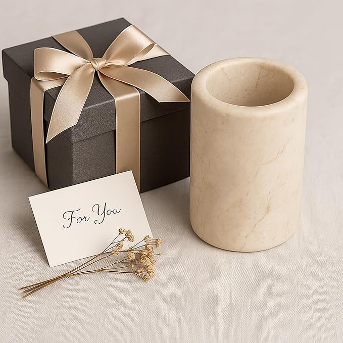 Creative Home Natural Champagne Marble Tumbler Solid Stone Toothbrush Holder Cup Bathroom Vanity Makeup Brush Pen Organizer Handcrafted Heavyweight, 3.5 Diam. x 4.5 H Inch