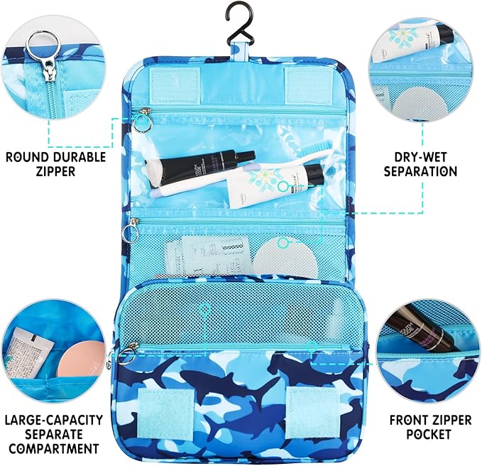 Kids Hanging Toiletry Bag for Boys, Travel Toiletry Bag for Little Young Boys Waterproof Wash Bag Toddler Traveling Toiletries, Shark Blue Camo