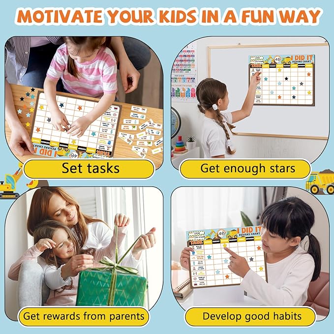 Magnetic Reward Chart for Kids at Home Construction Theme I Did It Motivate Behavior Reward Chart System Magnetic Behavior Tracker Incentive Chore Pad to Develop Responsibility and Good Habits