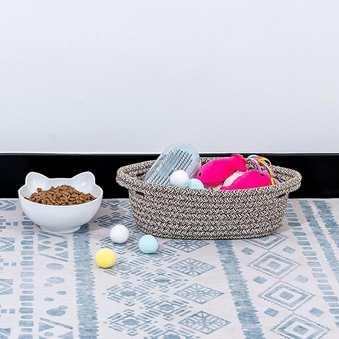 CubesLand Small Cotton Rope Storage Basket Set 5, Shelves Baskets for Organizing with Handle, Decorative Closet Storage Bins for Countertop Toilet Paper Basket for Toilet Tank Top,Mixed Brown Basket