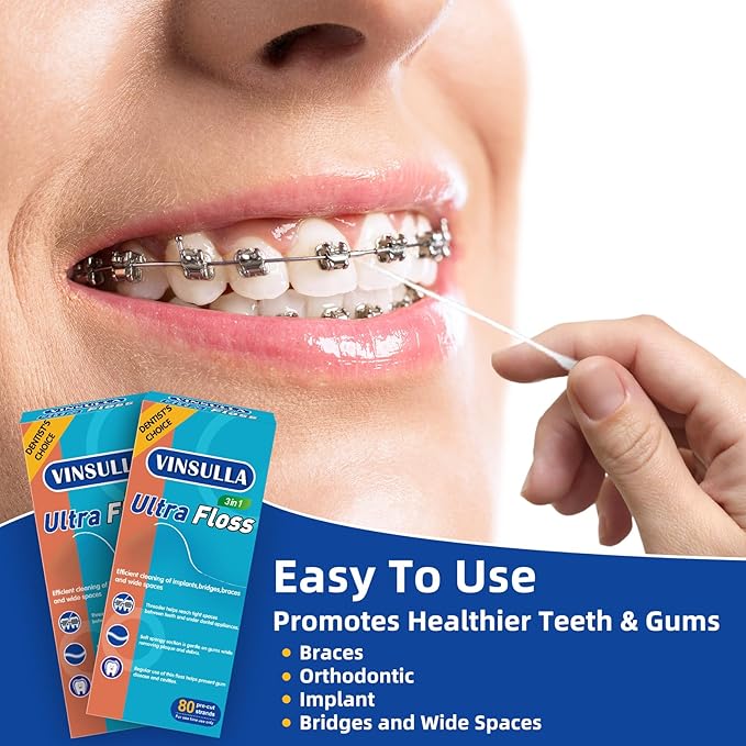 Dental Floss for Braces, Floss Threaders for Bridges and Implants, PTFE & PFAS Free Floss, 80 Pre-Cut Strands (Pack of 3)