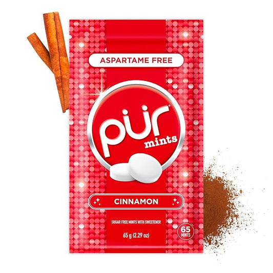 PUR Mints | Aspartame Free Breath Mints | Made with Xylitol | Sugar Free, Vegan, Gluten Free | Natural Cinnamon Flavor | 65 Pieces in Re-Sealable pouch (Pack of 1)