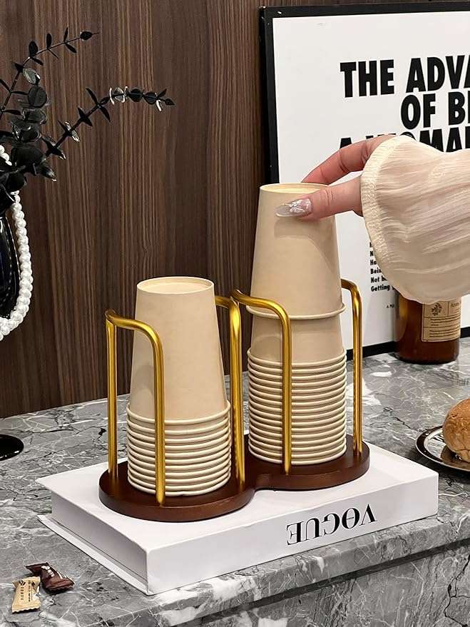 Wood Bathroom Cup Holder 3oz-8oz, Stylish Walnut Disposable Cup Dispenser, Plastic Mouthwash Cup Storage Organizer for Cups (Under 3.35in Diameter) -Perfect for Office, Kitchen, Gym, School or Cafes