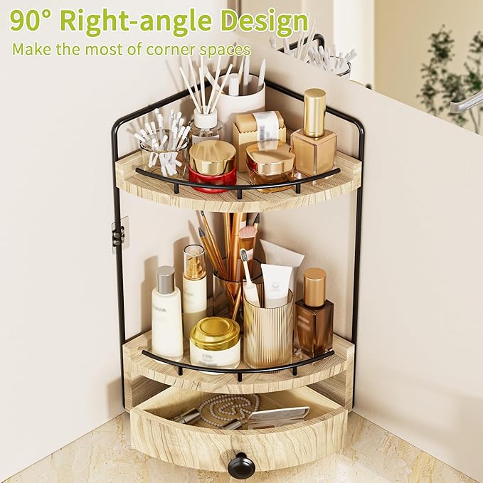 2-Tier Corner Bathroom Counter Organizer with Drawer & Embedded Screw Holes - Wooden Countertop Organizers for Skincare, Makeup Storage, Bathroom Sink Counter Shelf for Vanity, Kitchen