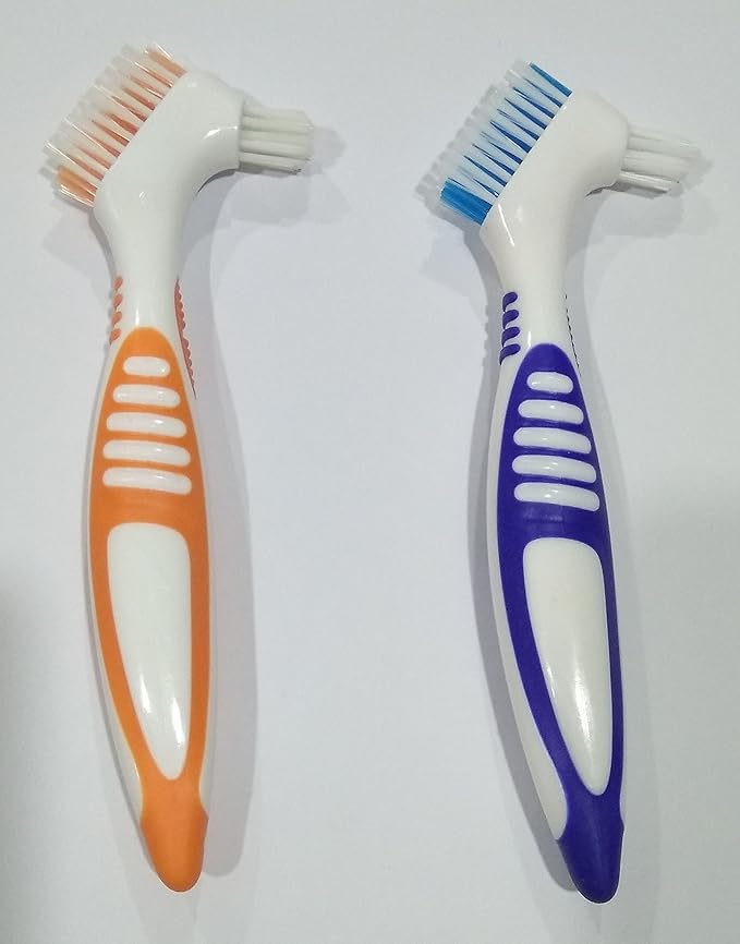 Gus Craft 2-Pack Denture Cleaning Brush Set- Premium Hygiene Denture Cleaner Set for Denture Care- Top Denture Cleanser Tool w/ Multi-Layered Bristles & Ergonomic Rubber Handle (Blue and Orange)