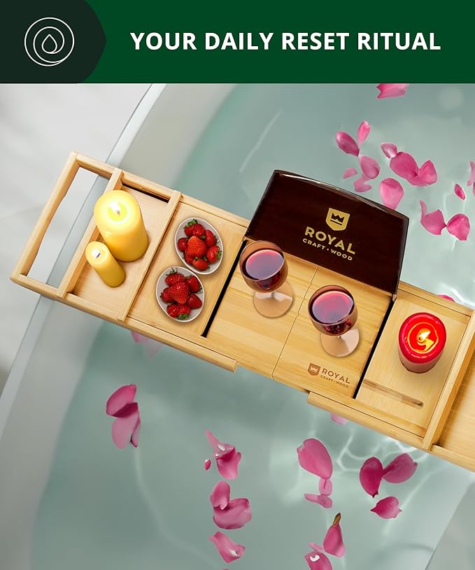 ROYAL CRAFT WOOD Bathtub Tray Caddy for Tub, Bamboo Bath Shelf, Premium Foldable Wood Bath Table, Expandable Bathtub & Bathroom Accessories, New Home Gifts for Mom, Housewarming, Anniversary, Wedding