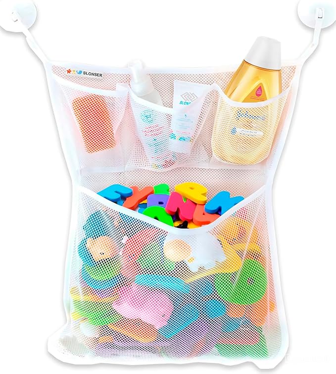 Bath Toy Holder 14x20 Inch, Mesh Bathtub Toy Storage Basket, Kids Bath Net, Tub Holder Bag, Toddler Shower Caddy Hanging Bucket Bin, Baby Bathroom Organizer with 2 Suction Cups, 2 Adhesive Wall Hooks