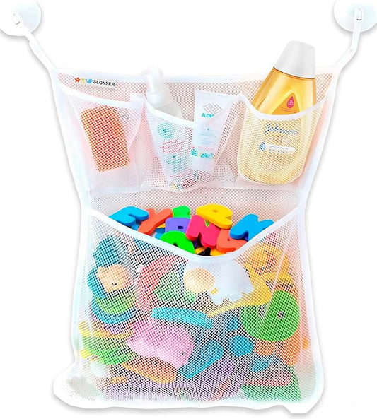Bath Toy Holder 14x20 Inch, Mesh Bathtub Toy Storage Basket, Kids Bath Net, Tub Holder Bag, Toddler Shower Caddy Hanging Bucket Bin, Baby Bathroom Organizer with 2 Suction Cups, 2 Adhesive Wall Hooks