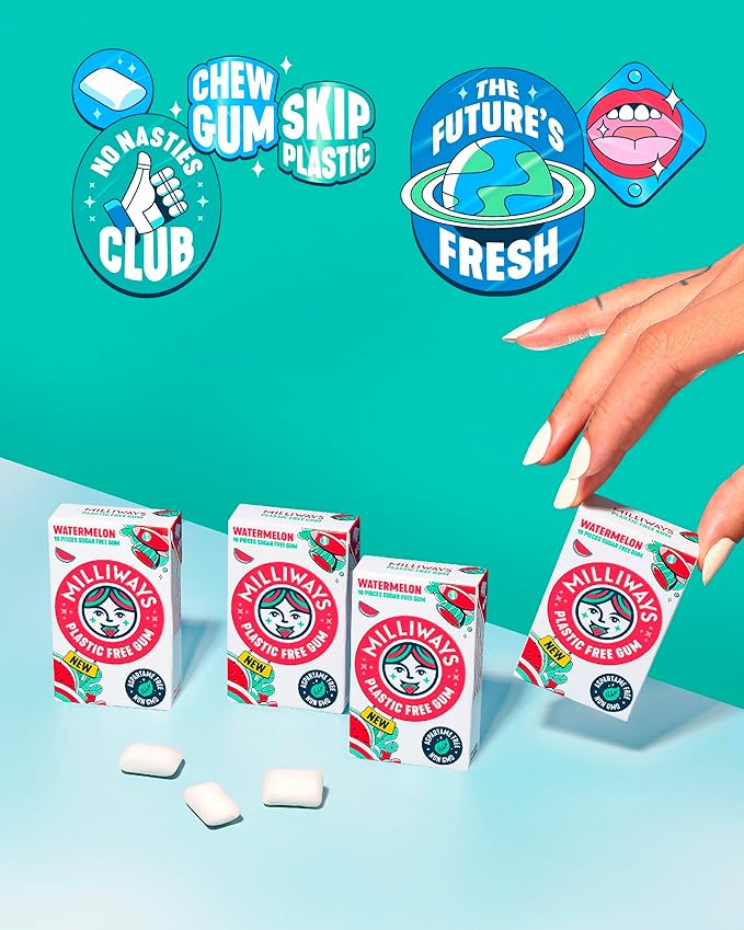 Milliways Watermelon | Plastic Free Gum | Xylitol, Aspartame-Free, Sugar-Free, Plant-Based, Natural Chewing Gum | 40 Pieces Total (4 Packs of 10 Pieces)