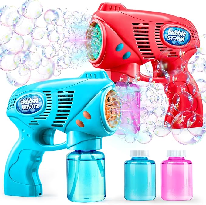 JOYIN 2 Bubble Guns with 2 Refill Solution (10 oz Total), Bubbles Maker, Blower, Machine Gun Blaster for Kids, Toddlers, Outdoors Activity, Party, Birthday Gift, Easter Toys (Blue+Red)