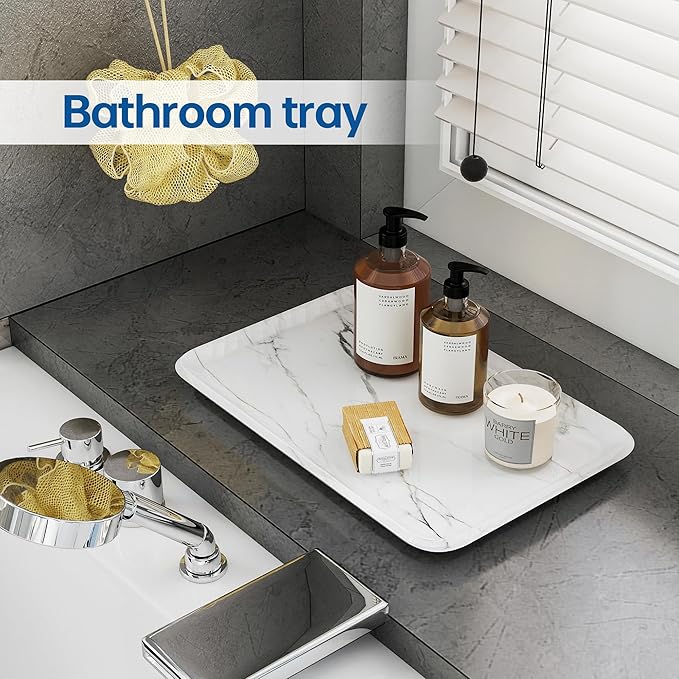 Vanity Decorative Tray, 12" x 8" White Marble Pattern Perfume Tray, Bathroom & Countertop Organizer for Soap, Jewelry, Candle