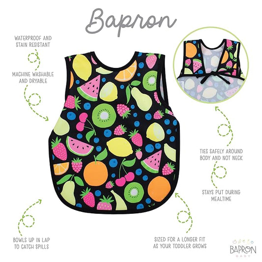 BapronBaby Neon Fruit Monster Bapron - No Neck Tie Safer Bib for Baby & Toddler - Soft Waterproof Stain Resistant - Machine Washable - Sz Preschool 3-5yrs