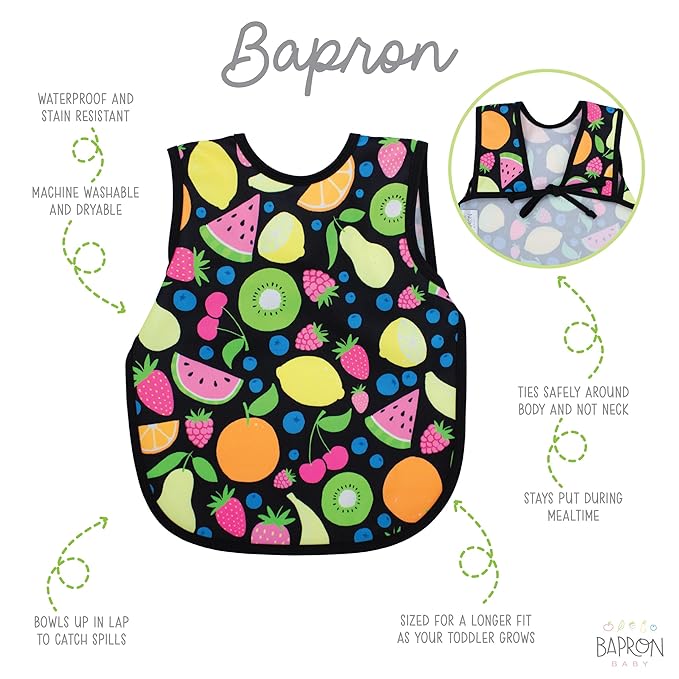 BapronBaby Neon Fruit Monster Bapron - No Neck Tie Safer Bib for Baby & Toddler - Soft Waterproof Stain Resistant - Machine Washable - Sz Baby/Toddler 6m-3T