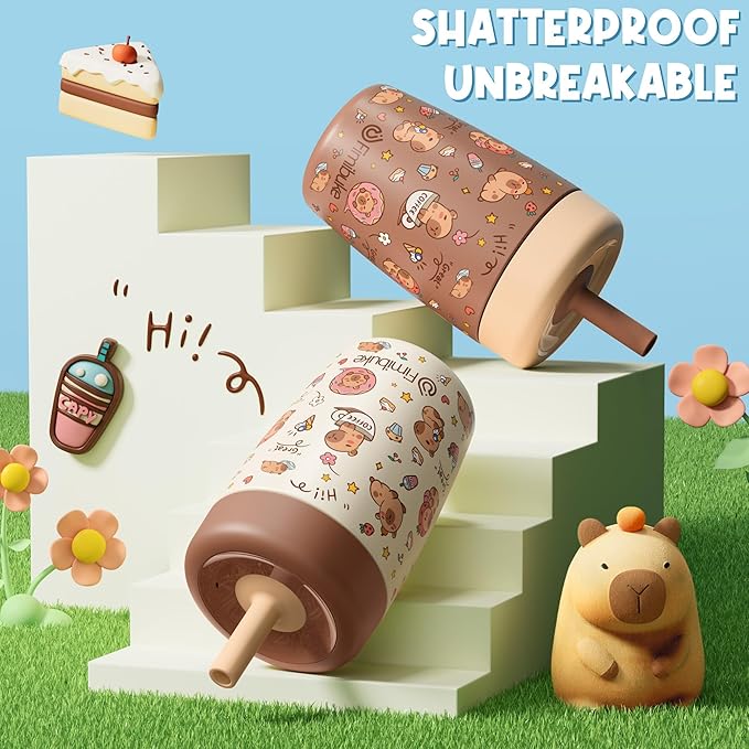 Fimibuke Kids & Toddler Cups Spill Proof, 12 OZ Insulated Sippy Cups for Toddlers Boys Girls, BPA-Free Toddler Straw Tumbler, Stainless Steel Kids Water Bottle with Twist Lids & Silicone Straw, 1 Pack