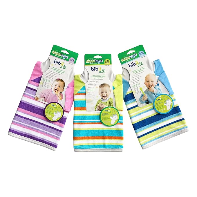 Kiddologic Bibit-all Baby Feeding Bib, Long Sleeves, Ribbed Cuffs, High Collar, Stretchy Pullover Smock, Soft Absorbent Terry, Waterproof Lining, Unisex Infant 6-12 Months, Fresh Lime (Green) Stripe