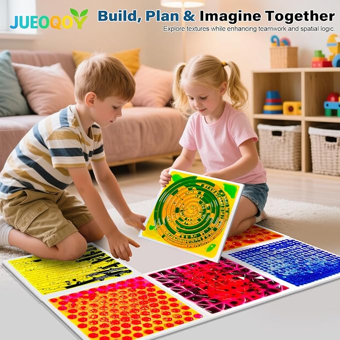 Liquid Sensory Floor Tiles for Kids Ages 3+, 12" Textured Step-On Tiles with Non-Slip Base, Interactive Color-Flow, Assorted Colors, Classroom Sensory Path Set (6-Pack)