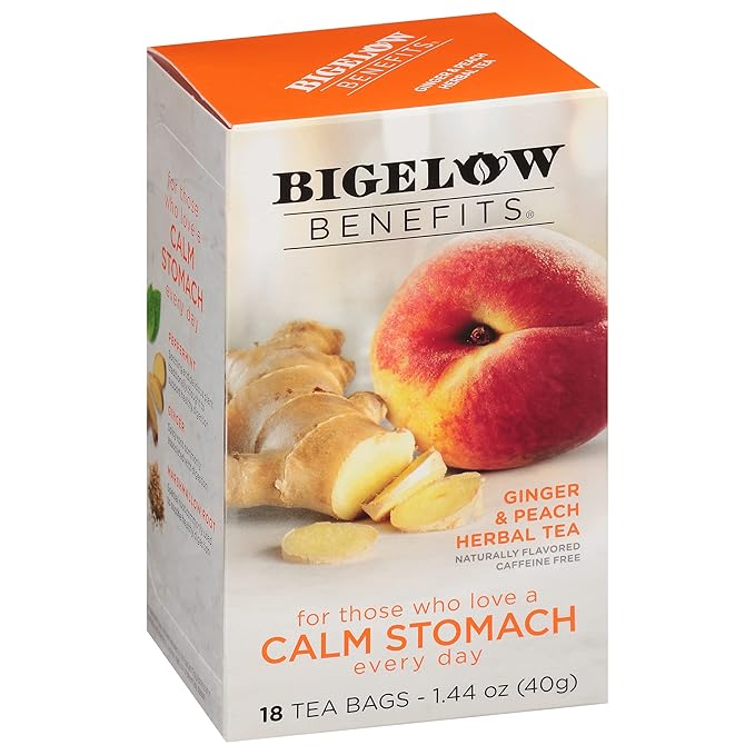 Bigelow Tea Benefits Calm Stomach Ginger Peach Caffeine Free Herbal Bags, 18 Count, Pack of 6