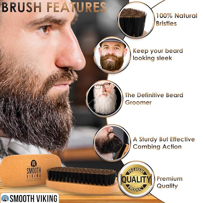 Smooth Viking Beard and Facial Hair Grooming Set - Natural Boar Bristle Brush, Mustache Brush, Styling and Shaping Tool for Men