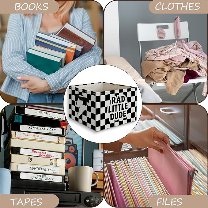 Rad Little Dude Boy Basket Foldable Storage Bins Box with Handles, Black and White Checkered Collapsible Organizer Basket for Kids Boys Bedroom Bathroom Nursery Playroom Clothes Toys Books