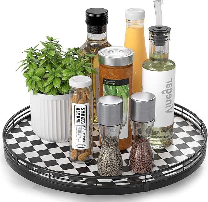 Black and White Kitchen Lazy Susan Turntable – Checkered Round Decorative Tray, 13” Table Top Oak Wood Lazy Susan for Cookies, Dining Table Organizer, Small Kitchen Table Centerpiece