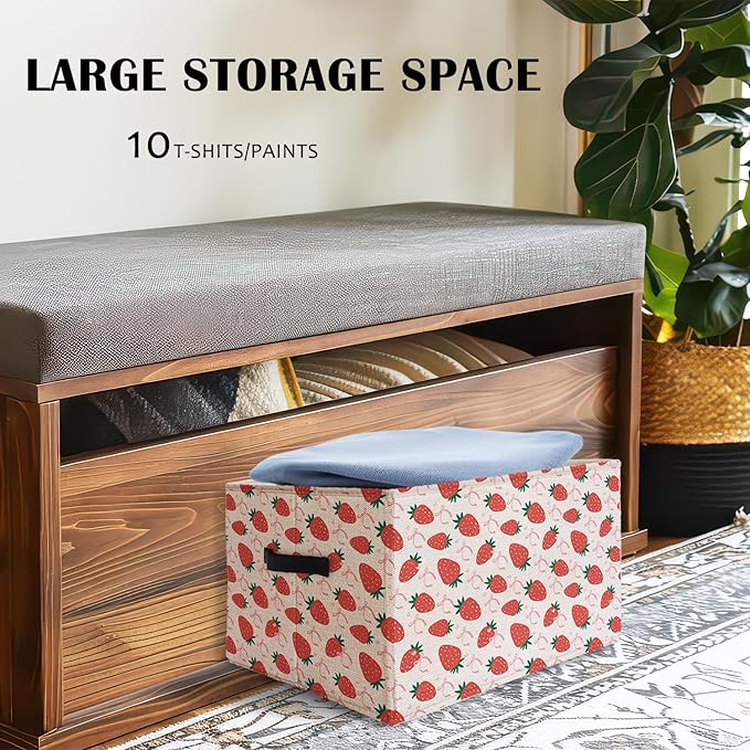 Pink Bow Strawberry Storage Basket Bins With Handles for Girls Kids, Preppy Pink Bow Aesthetic Foldable Organizer Basket Toybox for Girls Room Nursery Bedroom Bathroom Clothes Toys Books