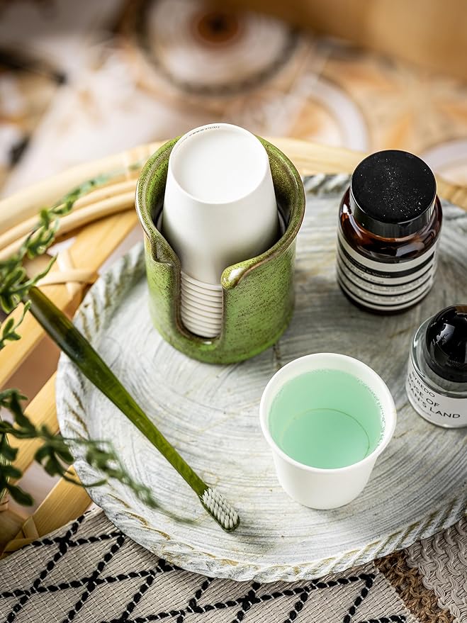 Ceramic Bathroom Cup Dispenser, 3 Oz Bathroom Cup Holder for Dixie Cups, Mouthwash Cup Dispenser for Bathroom Countertop, Green