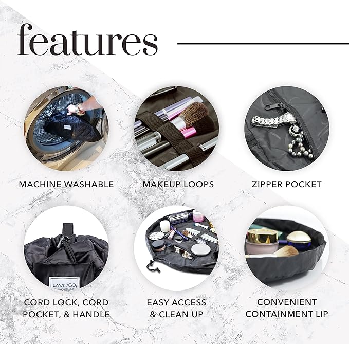 Lay-n-Go Cosmo Layflat Drawstring Cosmetic & Makeup Bag Organizer - Portable Drawstring Bag w/Zipper Pocket, Makeup Loops & More - Durable, Machine Washable Toiletry Bag for Travel (22", Blue Paisley)