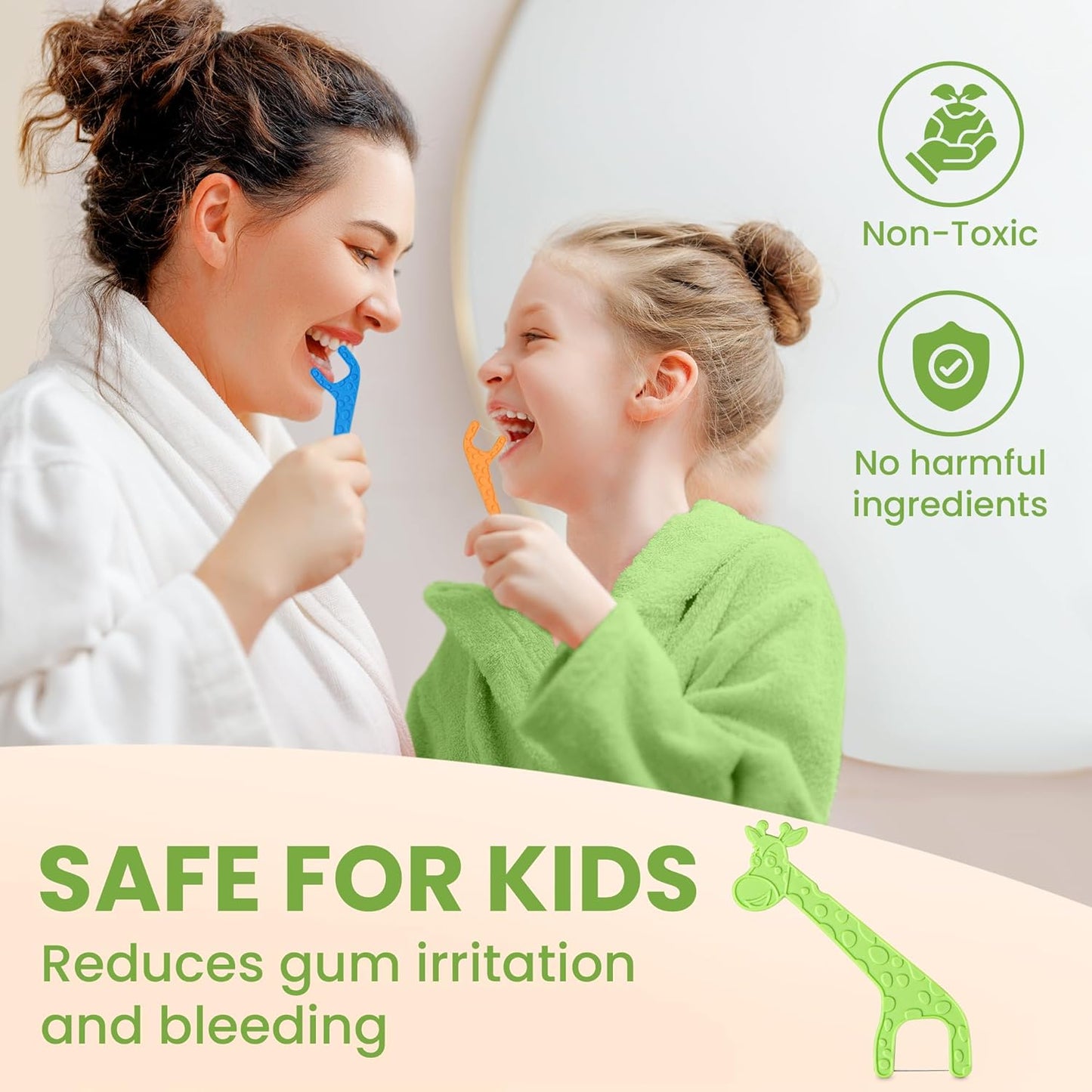 Dental Floss Picks for Kids 75 Pack – Unflavored, No Fluoride Oral Tooth Flossers – Biodegradable Flossing Sticks with Charcoal Infused Thread – Giraffe Toothpick for Toddler Teeth – Travel Case Size