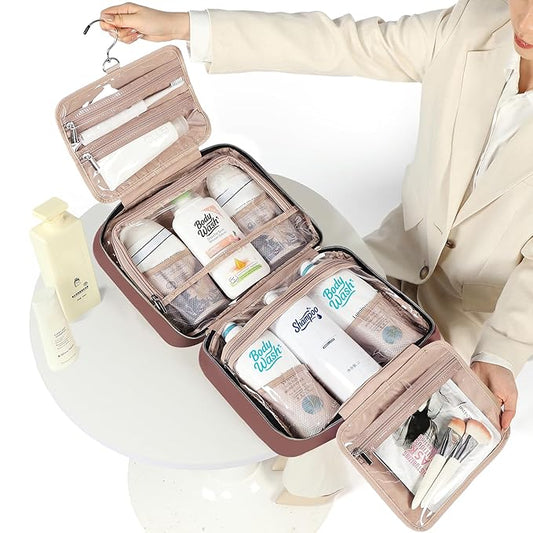 NISHEL Travel Toiletry Bag for women, Portable Hanging Organizer for Family-Sized Shampoo, Conditioner, Brushes Set, Makeup Accessories, Extra Large Size, Rosewood-Pink
