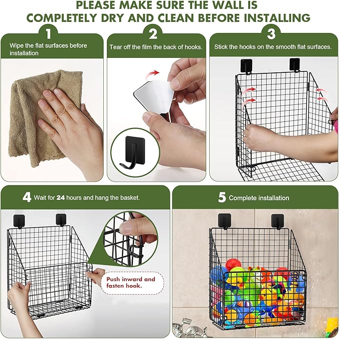 Large Bath Toy Storage, Metal Bathtub Shower Toy Holder, Foldable bath Tub Toy Organizers Black, Bathroom Toy Storage with Drainage for Sorting Toys/Clothes/Toiletries