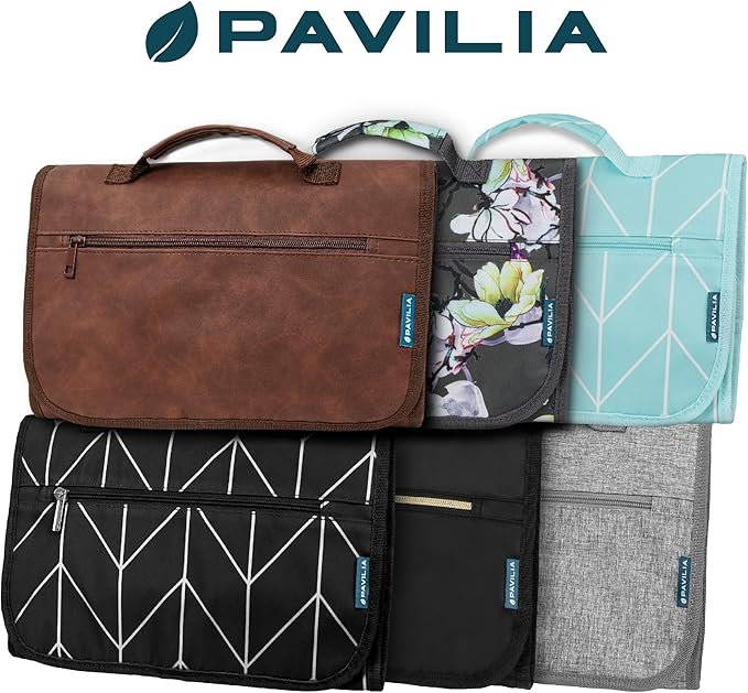 PAVILIA Hanging Toiletry Bag Men Women, Travel Kit Foldable Large Toiletries Organizer, Roll up Cosmetics Makeup Bag Accessories, Waterproof Essentials Dopp Case (Brown)